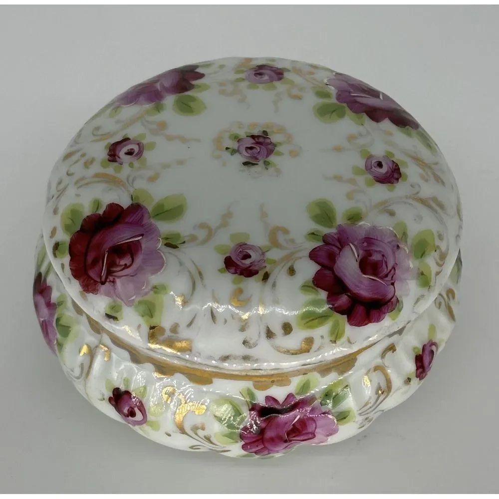 Vintage 1930's Hand Painted Floral & Gold Gild China Round Trinket Dish With Lid